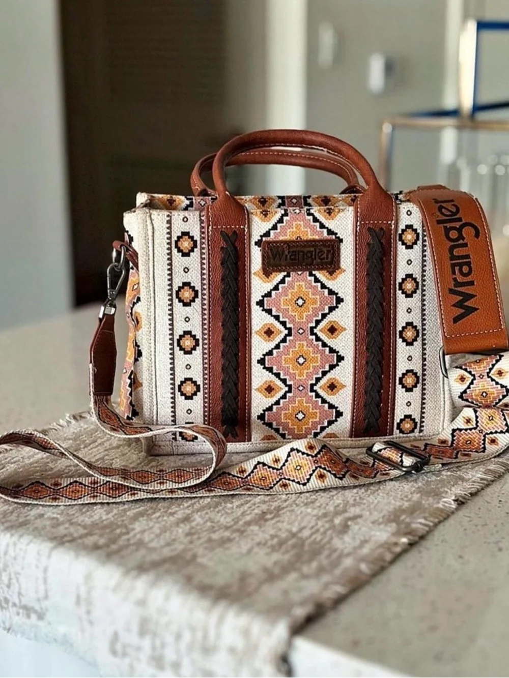 Wrangler Aztec Southwestern Canvas Crossbody Mini Tote Bag - Brown & Cream